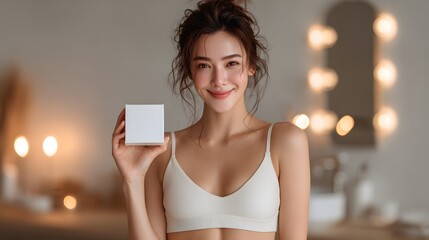 Portrait of a young attractive woman with a warm confident smile posing with a display screen in a well lit studio environment