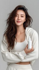 Cheerful and confident young woman with a warm friendly expression wearing a casual white sweater and displaying long naturally wavy hair