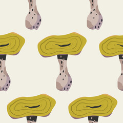 Seamless pattern with edible mushrooms. Repeating vector print with chanterelle mushrooms. Healthy vegetarian food in autumn pattern.