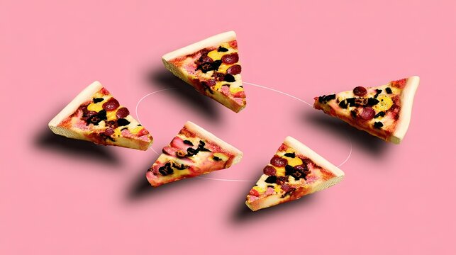 Floating pizza slices on pink background; food ad