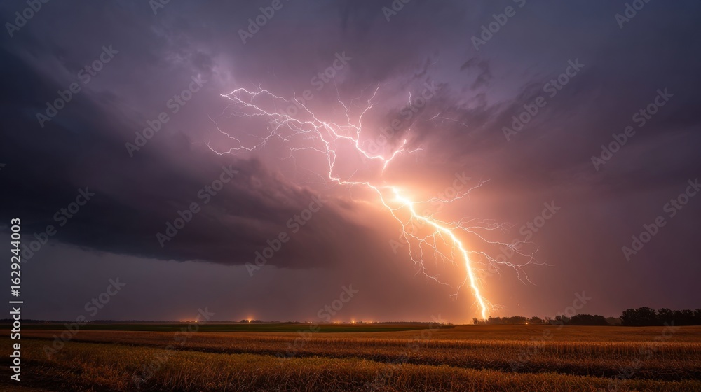 Poster lightning bolts slice through dark clouds, creating a striking display in the twilight sky above an 