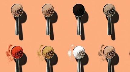 Spoons of powders, diverse colors, flatlay, peach background, food ingredient