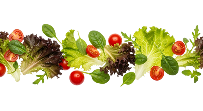 Assorted salad greens and cherry tomatoes arranged in a horizontal line on Vector illustration of isolated on a transparent background - Powered by Adobe