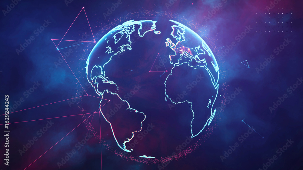 Poster futuristic concept of global connectivity and big data, featuring a glowing blue wireframe earth sur