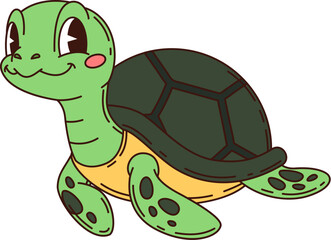 Cartoon groovy turtle character with cheerful expression, blushing cheeks and bright eyes, featuring dark green shell and yellow underbelly. Vector cute and friendly y2k sea personage for pirate story
