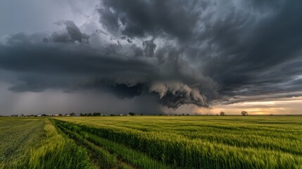 A dramatic sky filled with dark storm clouds looms over a vibrant green wheat field as the sun sets on the horizon, creating a striking contrast in the landscape.