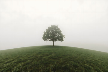 Lone Tree on Foggy Hill in Minimalist Landscape