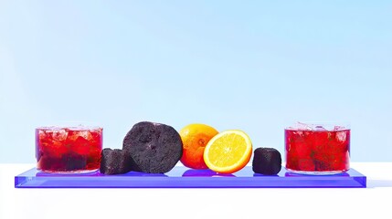 Red cocktail, fruit garnish, studio shot, blue background, drink recipe