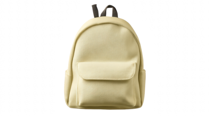 small beige backpack with front pocket on black background