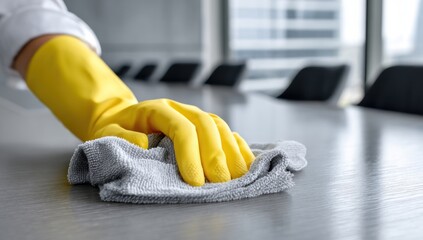 Meticulous Office Cleaning: Yellow Gloved Hand Wipes Down a Boardroom Table