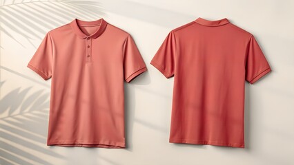 Coral polo shirt front and back on neutral background