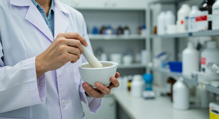 A pharmacist grinds ingredients with a mortar and pestle in a pharmacy setting, preparing a medication.