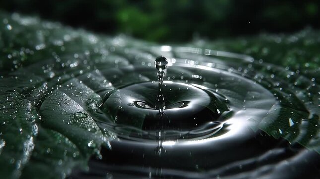 a single water droplet falling onto a green leaf in slow motion, soft natural lighting, high detail surface tension, cinematic close-up, 4k - Powered by Adobe