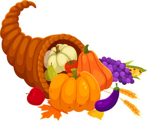Cartoon cornucopia happy Thanksgiving holiday and harvest symbol. Isolated vector horn with plenty of fruits and vegetables. Apple, pear, grape bunch, autumn leaves, tomato, eggplant and ripe pumpkin