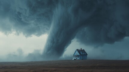 A powerful tornado forms in the distance, creating a dramatic contrast against dark storm clouds enveloping a rural house. The scene captures nature's raw power and beauty.