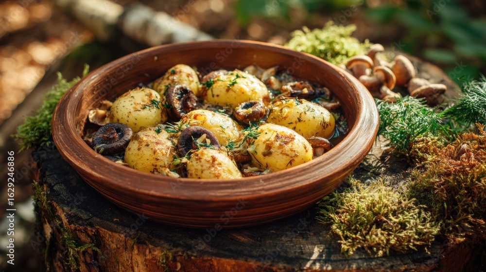 Poster freshly prepared potatoes and mushrooms are served in a rustic bowl, placed on a moss-covered log in