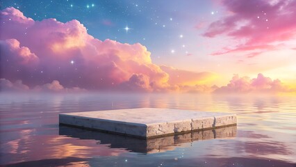 Floating stone platform on dreamy water at sunset
