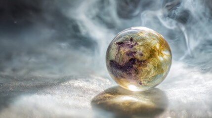 A beautiful glass sphere featuring swirling colors of purple, gold, and white rests on a reflective surface. Wisps of smoke envelop the sphere, enhancing its enchanting appearance in low light.