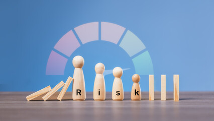 Risk management and assessment concept with wooden domino figures forming the word 