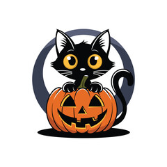 Cute Black Halloween Cat with Jack-o’-Lantern Pumpkin Cartoon Illustration

