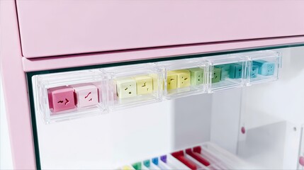 Colorful cubes in acrylic drawers, pink desk, craft supplies, organization