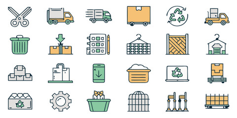 Editable Outline Vector Icons of Logistics, Warehousing, and Industrial Operations