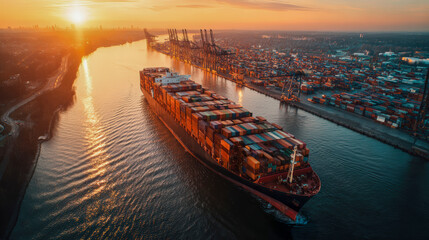 Massive cargo ship navigating river at sunset, surrounded by shipping containers and cranes, showcasing global trade dynamics