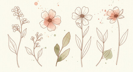 Set of minimalist botanical line art illustrations of flowers and leaves with watercolor splashes