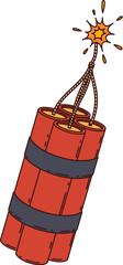 Groovy wild west dynamite bundle with burning fuse. Western explosive red sticks tied together with black tape. Cartoon vector retro tnt bomb with comic cowboy vibe. Y2k vintage explosion weapon