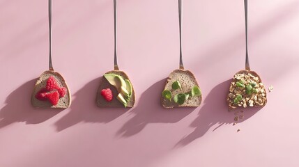 Four healthy toasts, pink background, sunlight, recipe