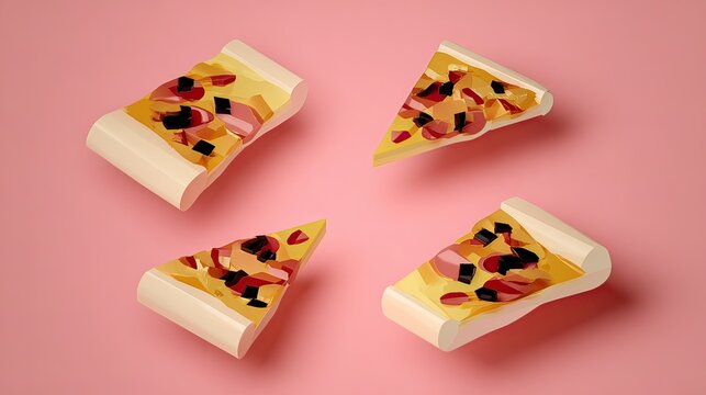 Floating pizza slices, pink background, food ad