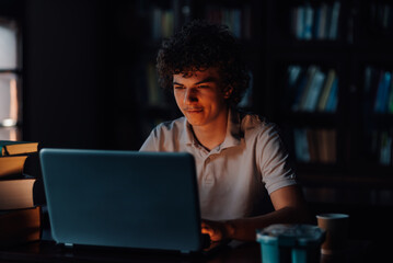 Young student working on laptop in dark library at night
