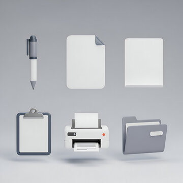 3D rendered office supplies icons: pen, paper, printer, clipboard, folder.
