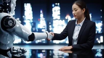 Robot businesswoman handshake with future tech. - Powered by Adobe