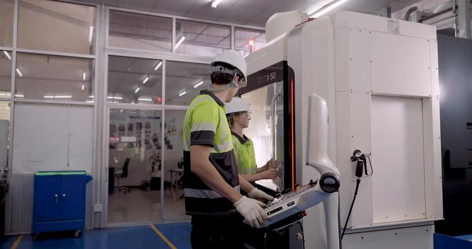 male and female technicians operating cnc machine panel during slowmotion industrial training session for automation and manufacturing process in smart factory under engineering supervision
