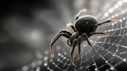 Spider web glistens with dew drops, a captivating macro wildlife scene, Generative Ai 