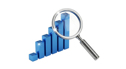 3d illustration of 3d blue bar graph with magnifying glass isolated on transparent background