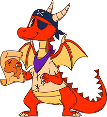 Cartoon dragon animal pirate and corsair ship crew character with treasure map. Isolated vector fantasy captain personage dressed as a filibuster complete with an eye patch, exuding adventurous spirit