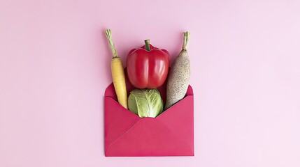 Red envelope, vegetables, pink background, healthy delivery
