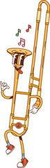Cartoon groovy trombone sound musical instrument character playing a happy melody with carefree face and music notes around. Vector brass pipe or horn personage for music school educational classes