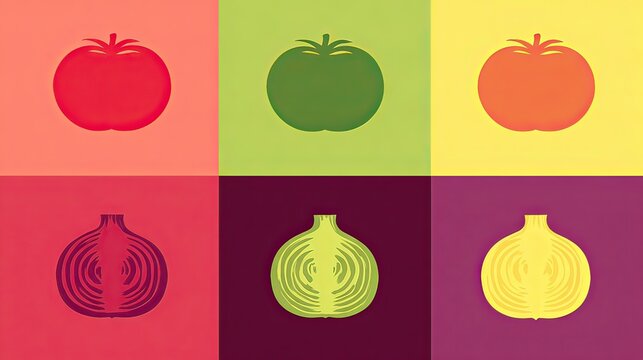 Colorful Tomato & Onion Pop Art Food Icons