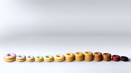 Donuts lined up on white background, growing stacks