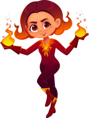 Kids superhero character, cartoon vector confident superhero girl controls flames with her hands, dressed in a fiery red and yellow costume with fire motifs. Personage for fantasy game or comic book