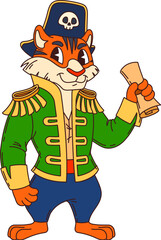 Cartoon funny tiger pirate and corsair animal character with a scroll and captain costume. Isolated vector swashbuckling, striped jungle cat personage captures the excitement of nautical adventures
