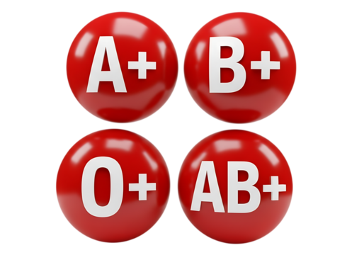Four Red Spheres Displaying Blood Types ABAB and O Positive blood group Vector illustration of isolated on a transparent background