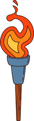Cartoon groovy pirate torch object with a wooden handle, metal holder and bright orange and yellow flame. Vector fiery symbol evokes themes of corsairs adventure, freedom, treasure hunt or victory