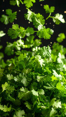 Fototapeta premium Fresh cilantro cascade on a dark backdrop, captured in a studio-lit food photography style