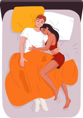 Young couple sleeping peacefully and cuddle in bed while embracing under blanket. Flat vector scene symbolizing warmth, love and closeness in a shared moment of connection and intimacy in home setting