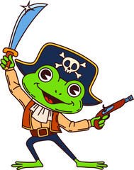 Cartoon frog animal pirate and corsair ship crew character wearing a navy captain hat, and holding sword and gun. Isolated vector toad buccaneer personage, conveying an adventurous and brave spirit