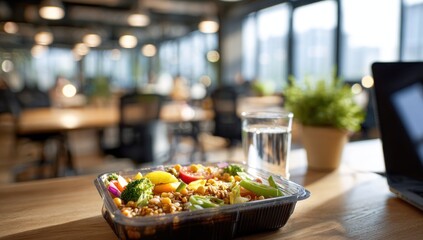 Obraz premium Nutritious Lunch: Colorful Grain Bowl and Water Glass on Wooden Table in Bright Modern Office
